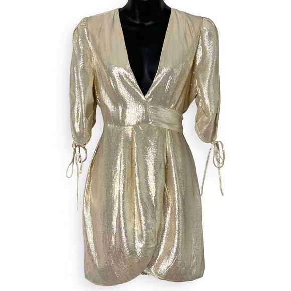 Alice McCall Astral Plane Cap Sleeve Metallic Gold Mini Dress - Picture 5 of 9
